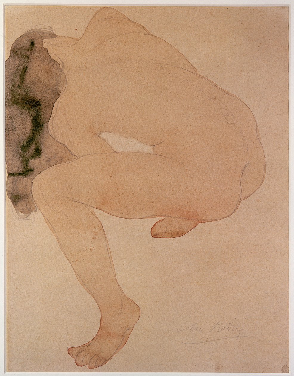 Sedící nahý se ohýbá (tužka a wc na papíře) od Auguste Rodin