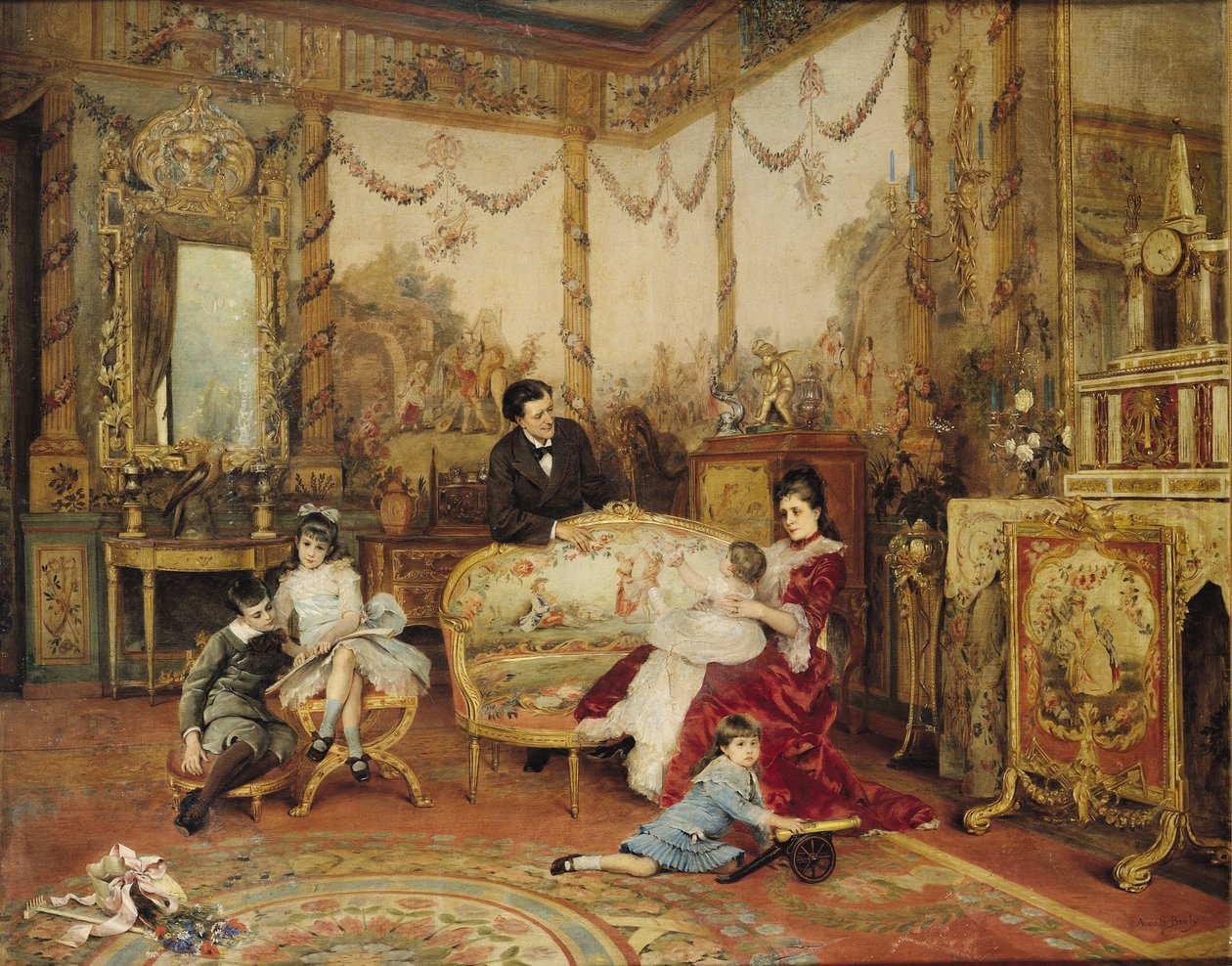 Victorien Sardou (1831-1908) a jeho rodina v jejich salonu v Marly-le-Roi, kolem roku 1875 od Auguste de la Brely