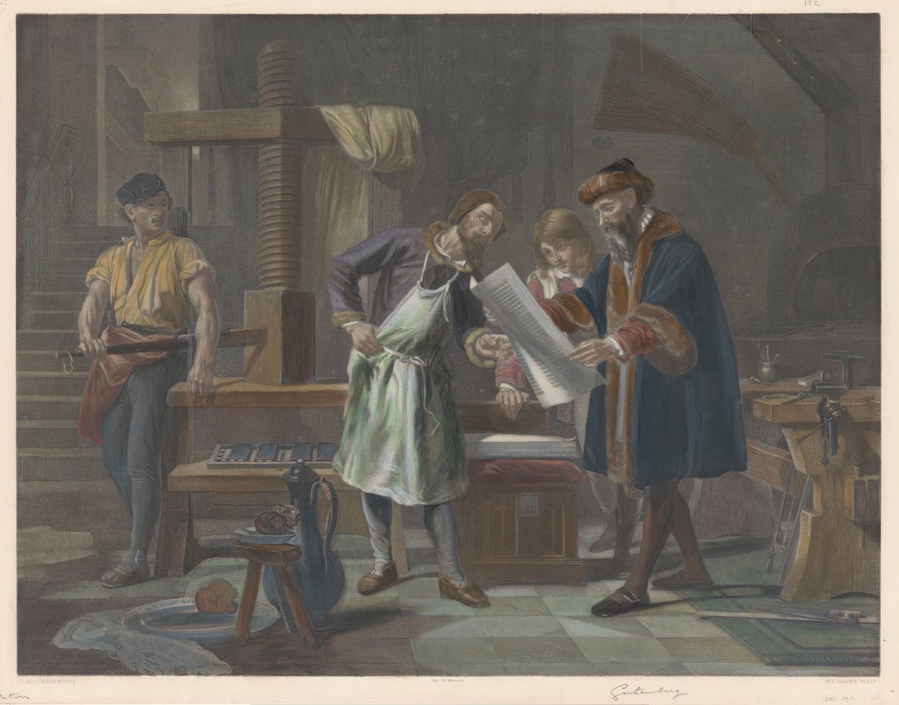 Interiér tiskárny Johannese Gutenberga od Auguste Ledoux