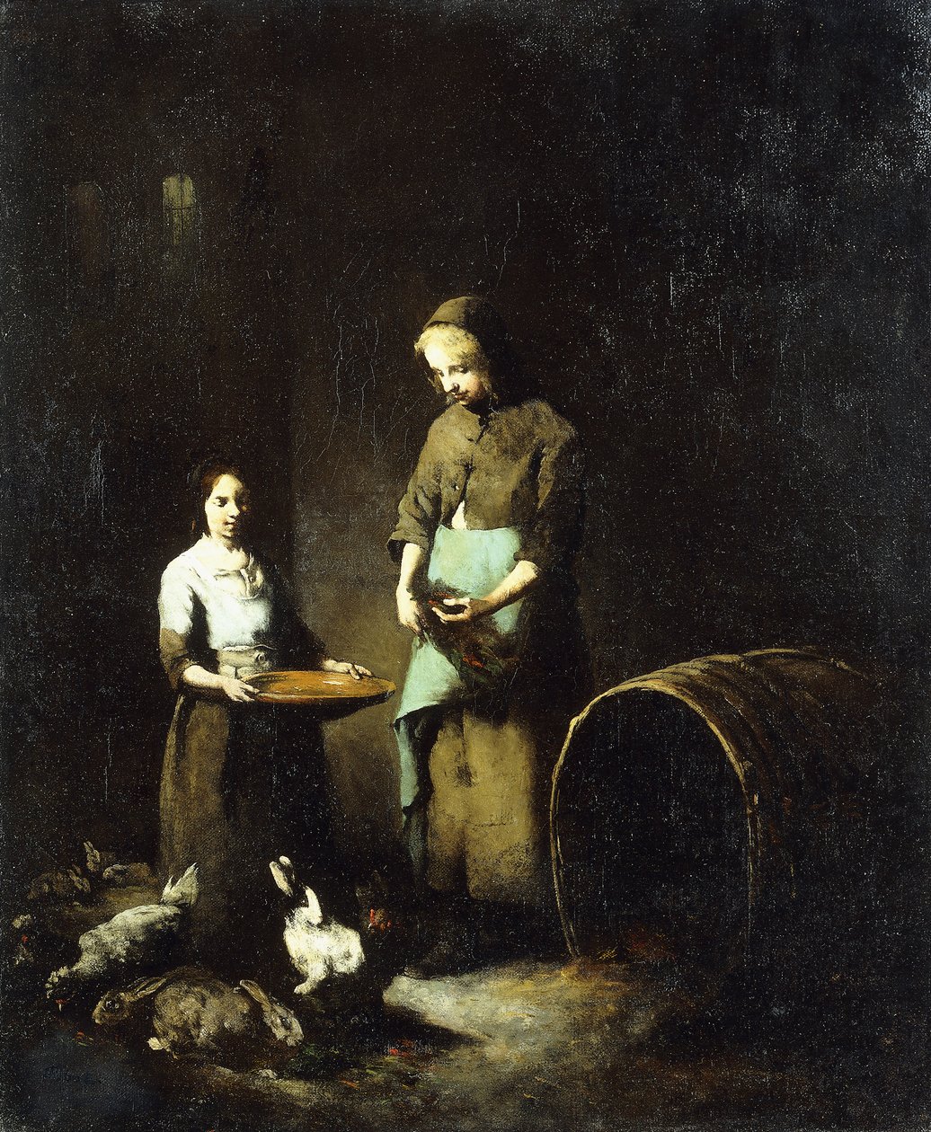Mladé rolnické dívky krmící chlévská zvířata, od Auguste Theodule Ribot