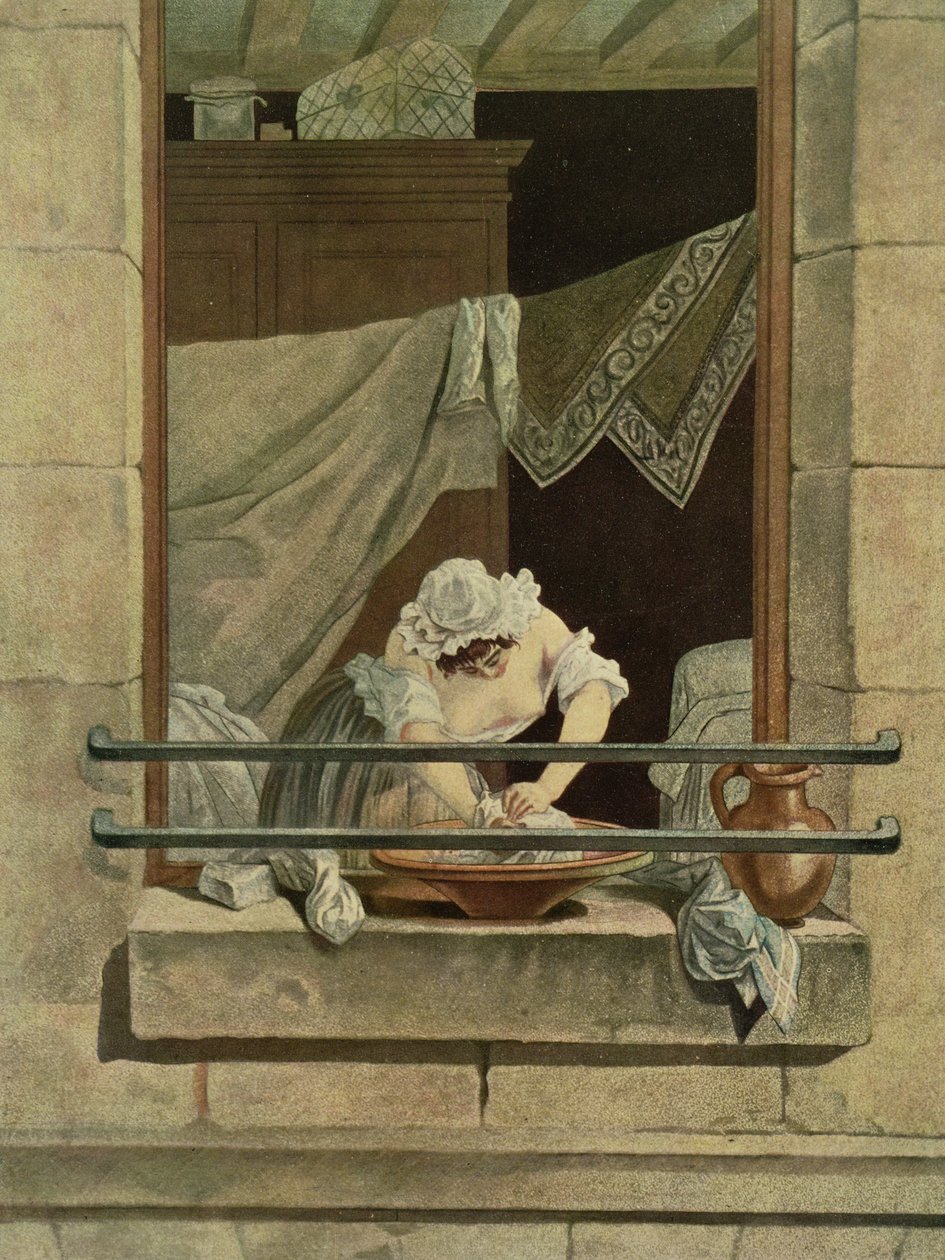 The Washerwoman, vyryl J. Laurent Julien (c18.) a Jean-Baptiste Morret (fl.1790-1820) od Augustin de Saint Aubin