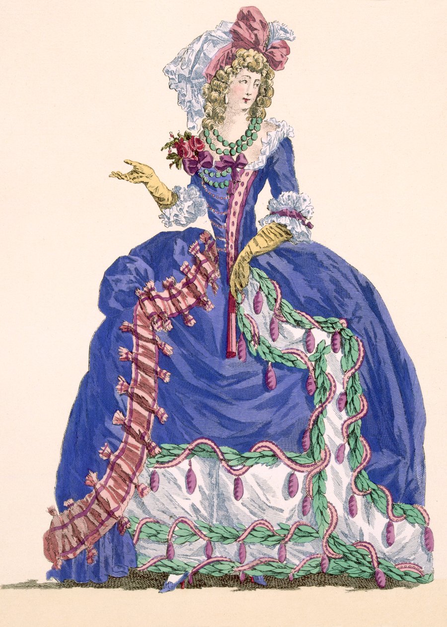 Vypracované dvorní šaty v elektrické modři se střapcovým lemováním, rytina Dupina, deska č. 275 z "Galeries des Modes et Costumes Francais", cca 1778-87 99:oděv; tradiční šaty od Augustin de Saint Aubin