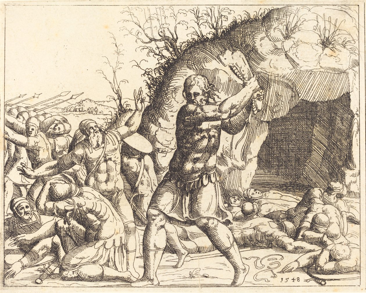 Samson zabíjí Filištíny. od Augustin Hirschvogel