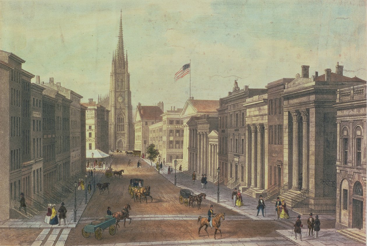 Wall Street, New York, rytý Deroy, hospoda. od Goupil und Co, 1850 od Augustus Kollner