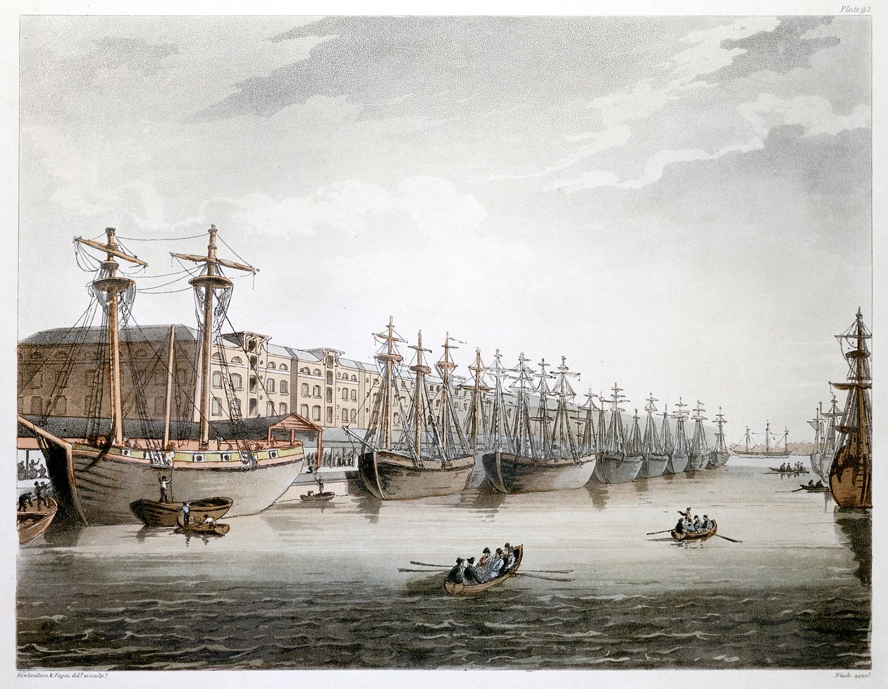West India Docks, Londýn, 1808-1810 od Augustus Charles Pugin, Thomas Rowlandson