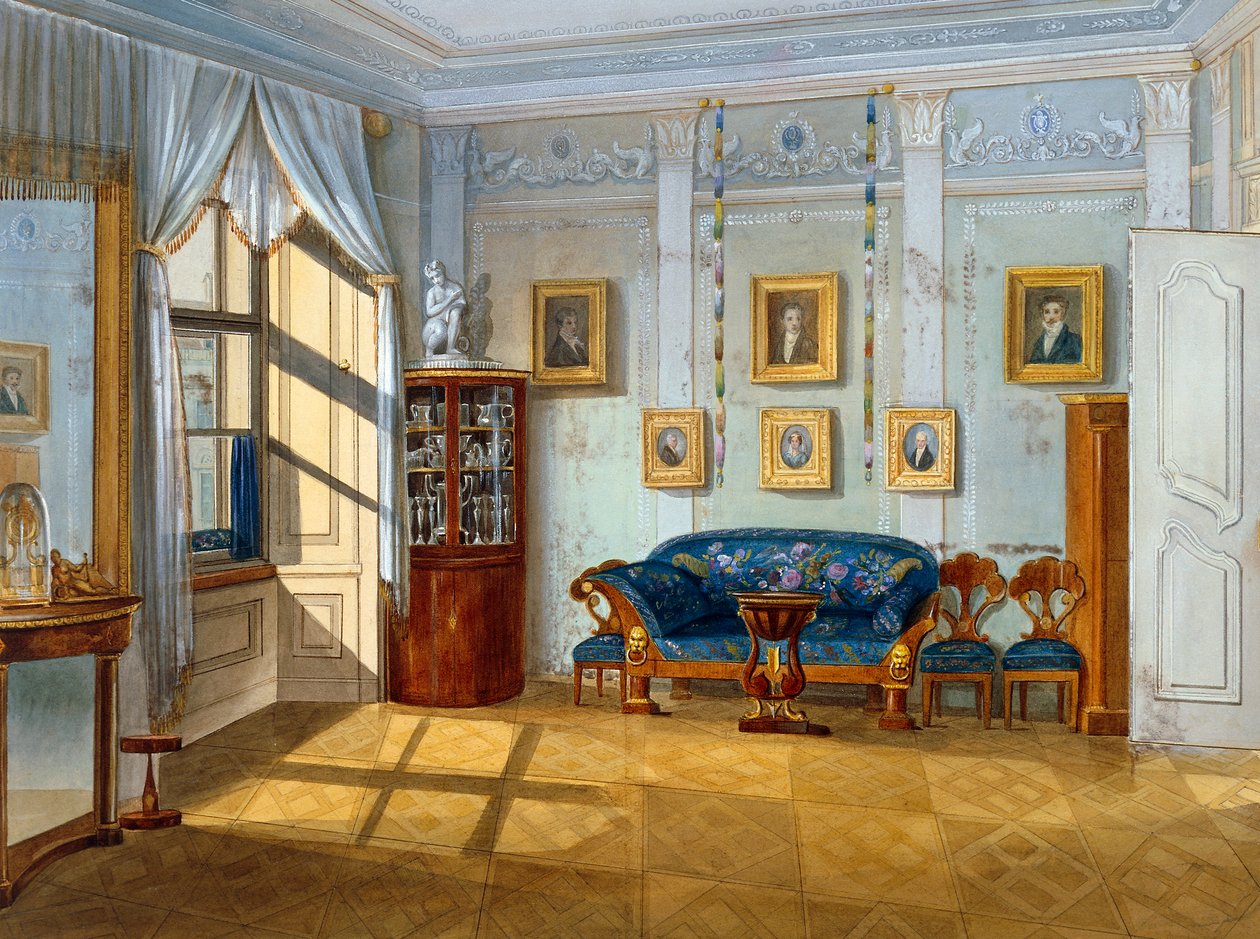 Salón ve stylu biedermeieru, cca 1830, akvarel, Rakousko od Austrian School