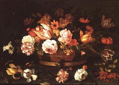 Růže, tulipány v košíku od Balthasar van der Ast