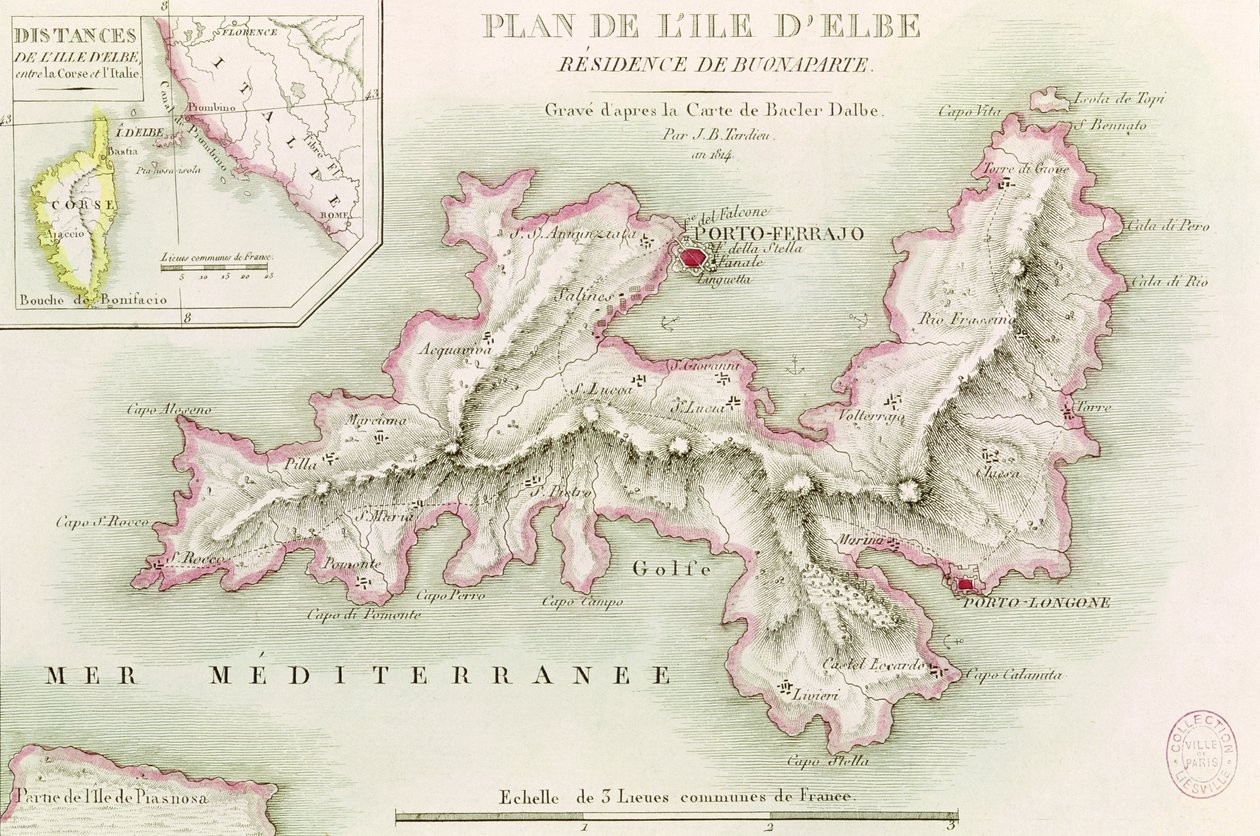 Mapa ostrova Elba, vyryl Jean-Baptiste Tardieu (1768-1837) 1814 od Baron Louis Albert Bacler d
