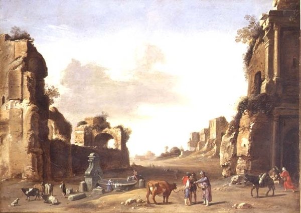 Klasické ruiny s rolníky napájejícími svá zvířata od Bartholomeus Breenbergh