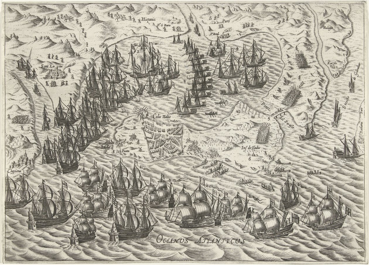 Bitva u Cádizu, 1596 od Bartholomeus Willemsz. Dolendo (attributed to)