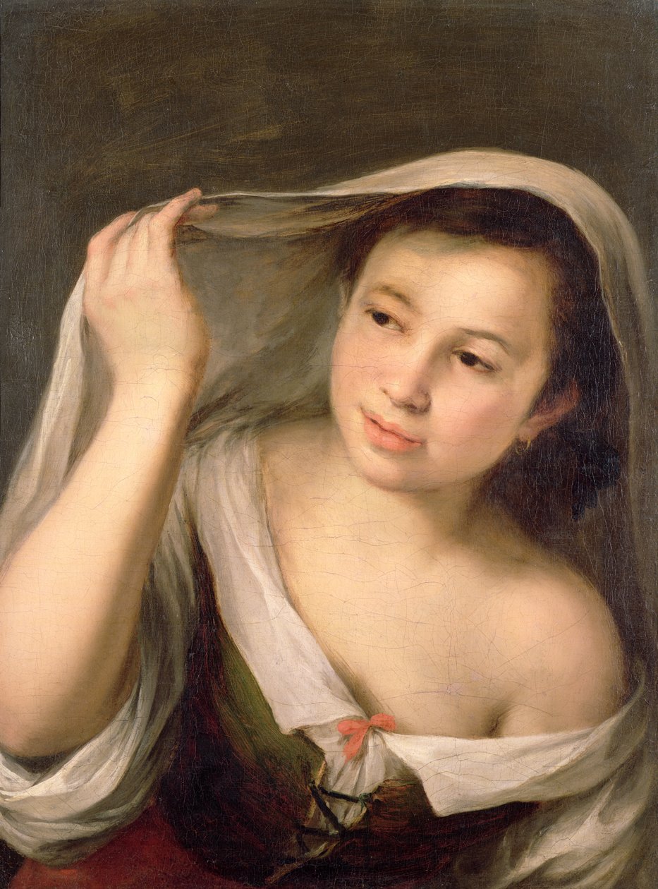 Mladá dívka zvedající závoj od Bartolomé Esteban Murillo