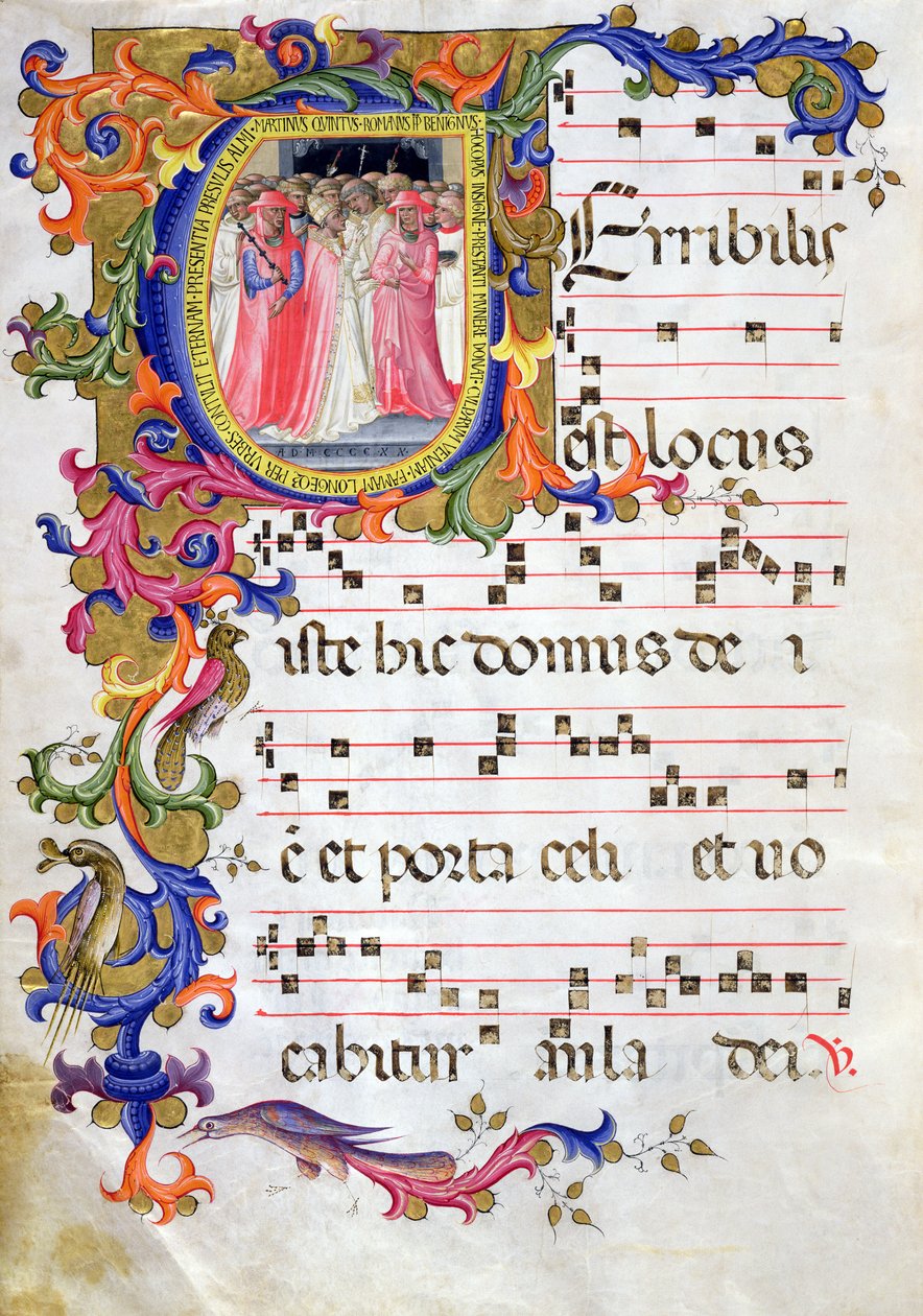 Ms 557 f.61v Strana s historickou iniciálou „U“ zobrazující papeže Martina V. (1368-1431) vysvětlujícího kostel Sant