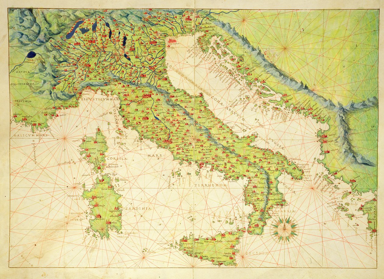 Itálie, z Atlasu světa ve 33 mapách, Benátky, 1. září 1553 (inkoust na pergamenu) od Battista Agnese