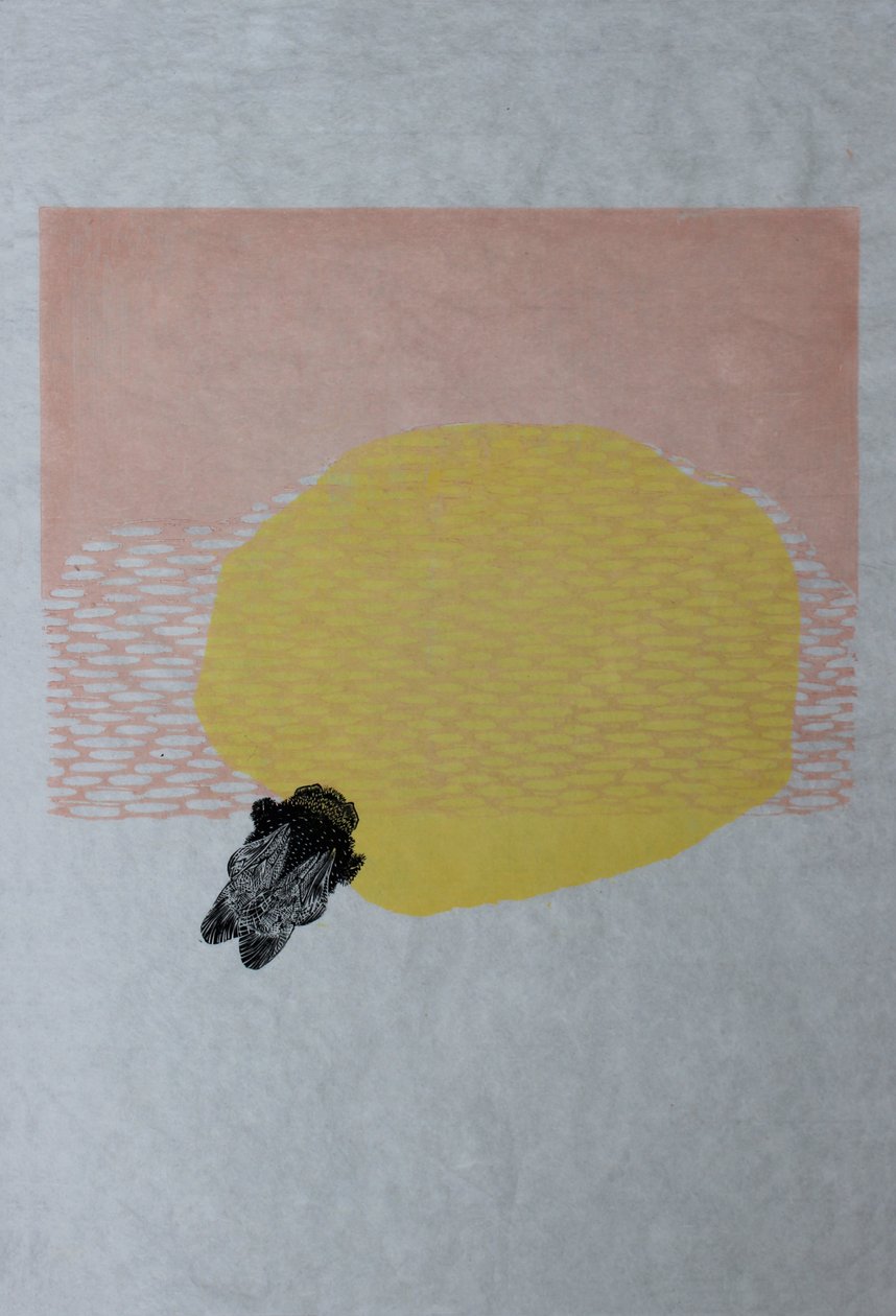 Bumblebee and Sun, 2013 (akvarel a dřevoryt na washi) od Bella Larsson