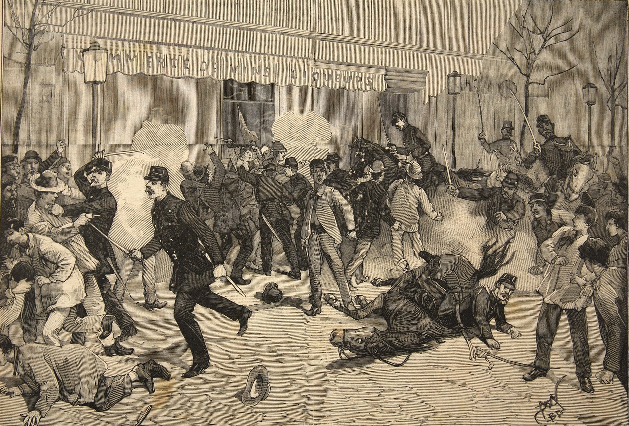 Nepokoje v Clichy, Francie, z „Le Petit Parisien“, 1. května 1891 od Beltrand and Clair Guyot, E. Dete