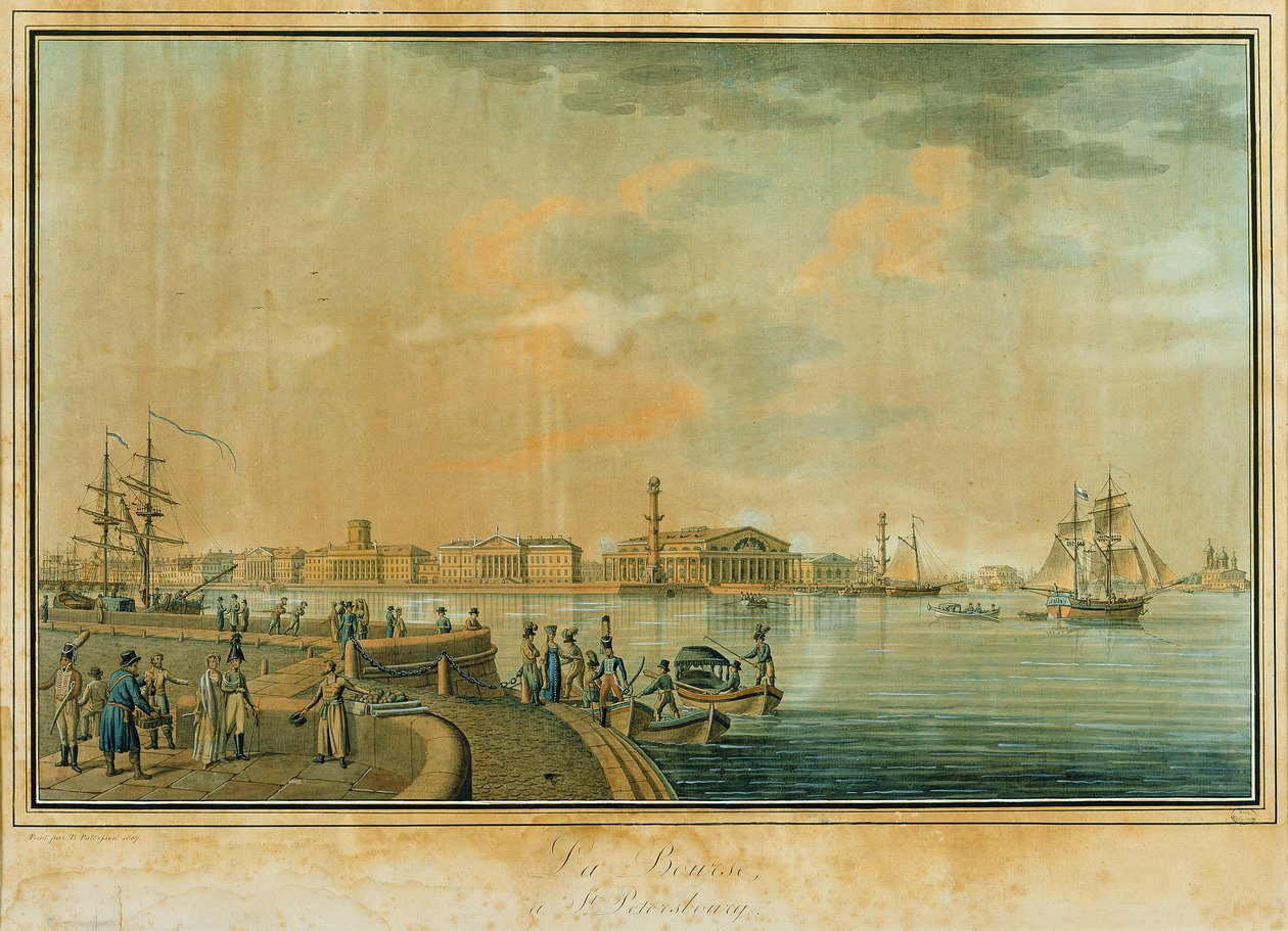 Burza a rostrální sloupy, Petrohrad, 1807 (rytina s wc) od Benjamin Patersson