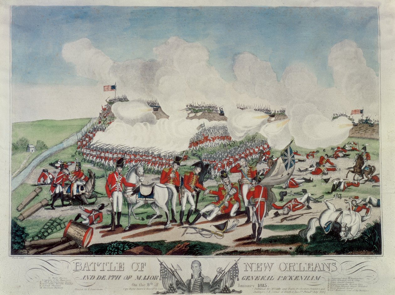 Bitva o New Orleans a smrt generálmajora Packenhama 8. ledna 1815, vyryto J. Yeagerem, vydal McCarly und Davis, 1817 od Benjamin West