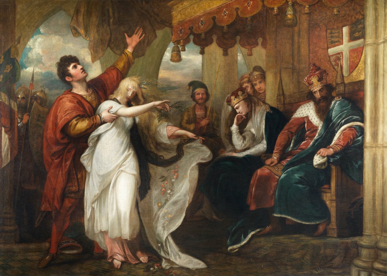 Hamlet- dějství IV, scéna V (Ofélie před králem a královnou) od Benjamin West