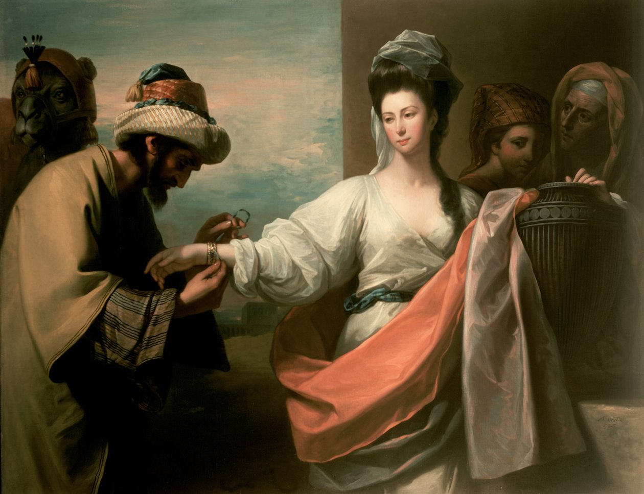 Isaacův sluha zkouší náramek na Rebecčině paži od Benjamin West