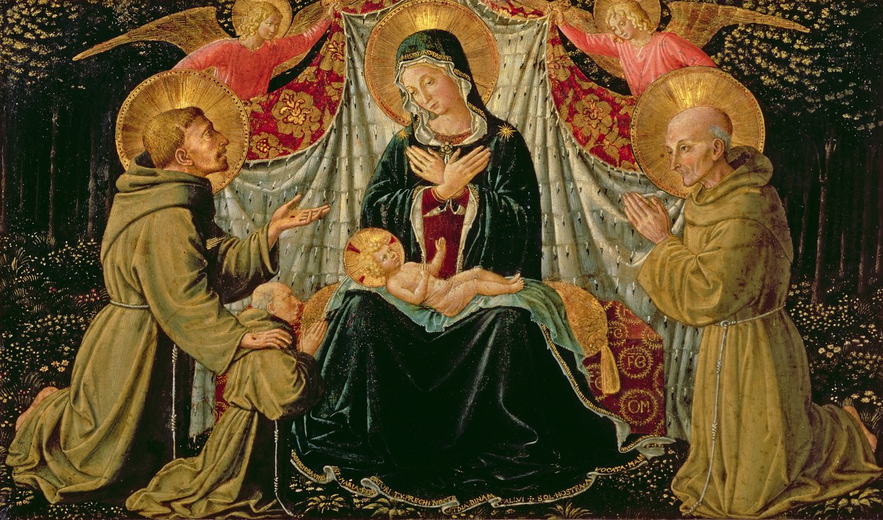 Madona s dítětem se sv. Františkem a dárcem Fra Jacopo da Montefalco (vlevo) a sv. Bernardino ze Sieny (vpravo), kolem 1452 (panel) od Benozzo di Lese di Sandro Gozzoli