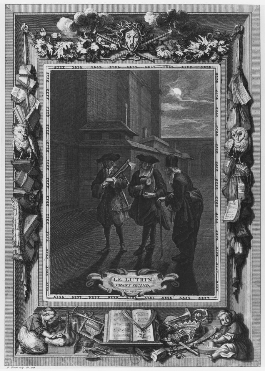 Ilustrace z „Le Lutrin“ od Nicolase Boileaua, známého jako Boileau-Despreaux, 2. zpěv, vydané v roce 1728 od Bernard Picart