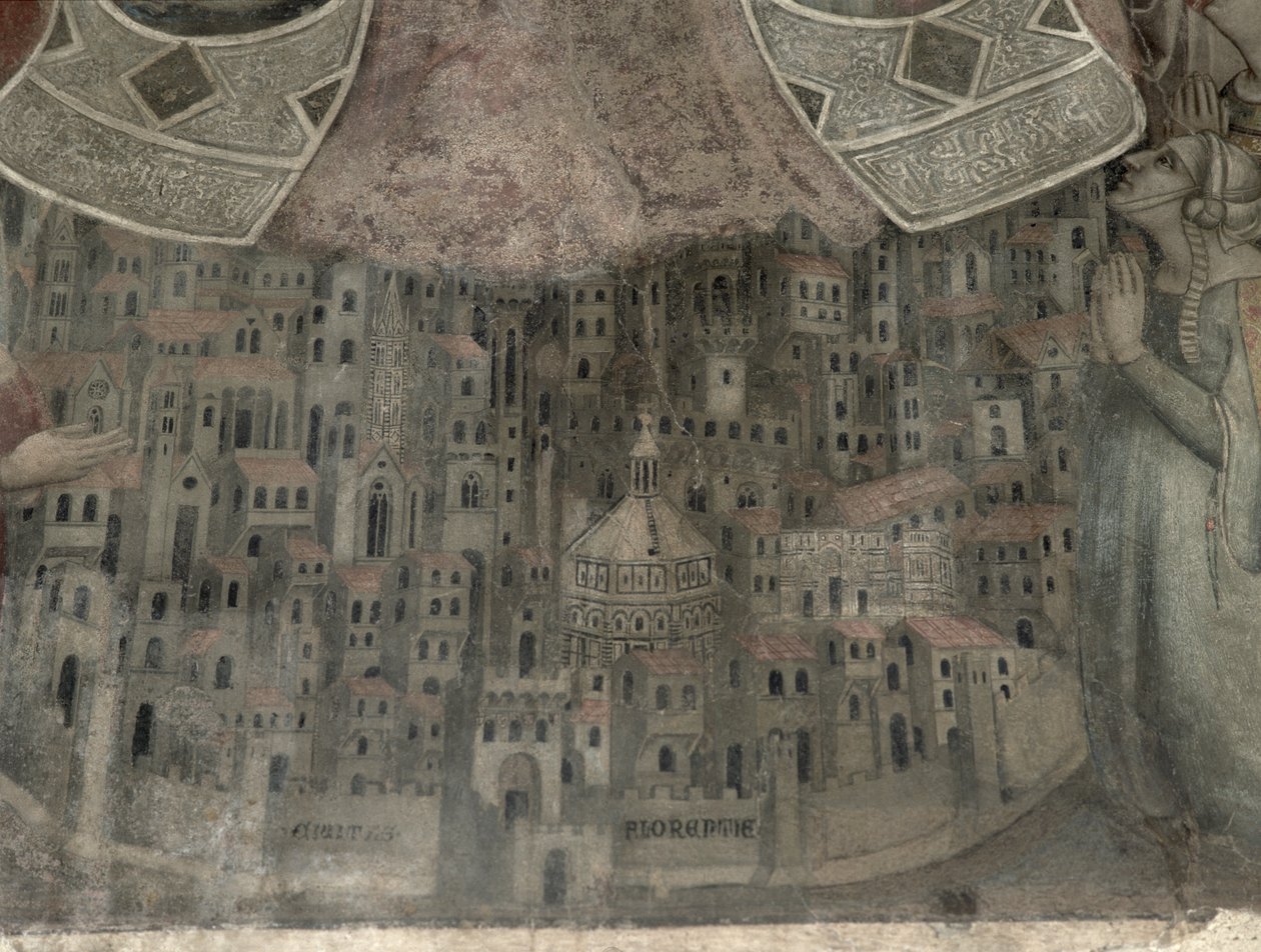 Madonna della Misericordia s výhledem na Florencii, 1342 (tempera na panelu) (detail) od Bernardo Daddi