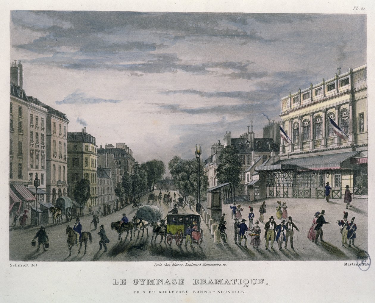 Divadlo Gymnase Dramatique, Paříž, 1832 (barevná rytina) od Bernhard Schmidt