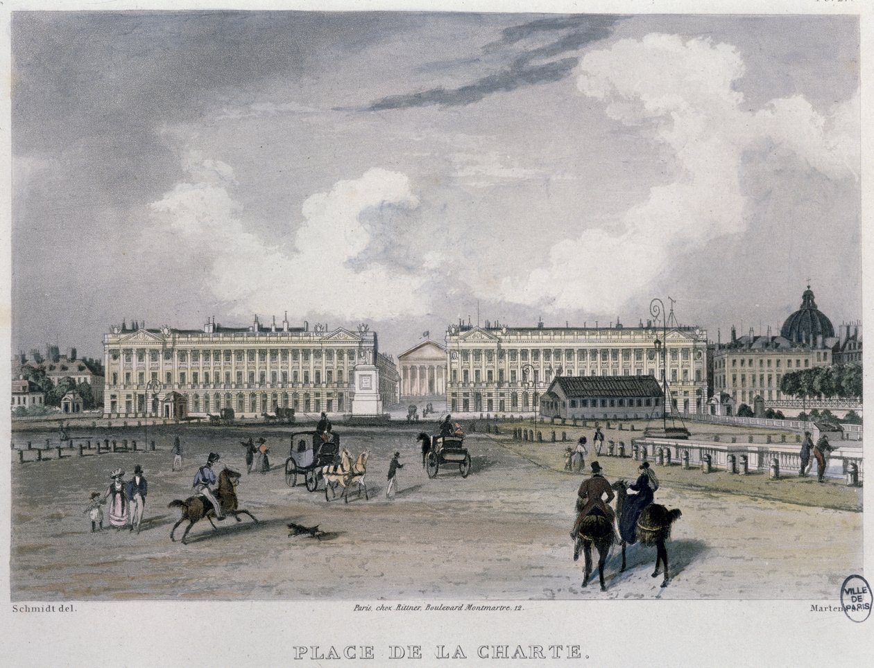 Place de la Concorde, Paříž, 1832 (barevná rytina) od Bernhard Schmidt
