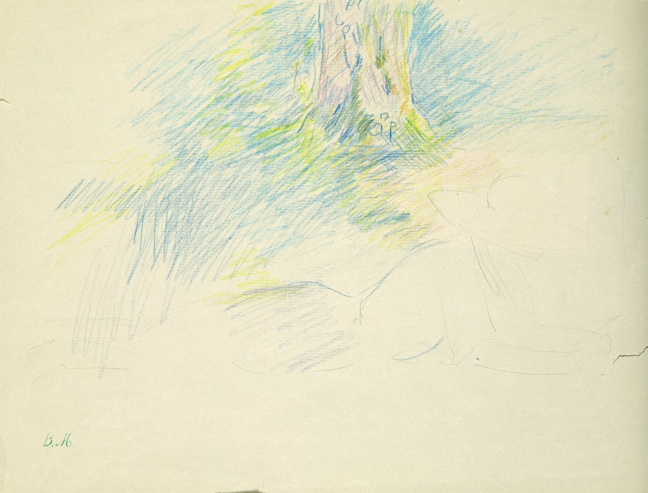 Mladá dívka ležící pod stromem, 1891 (barevná tužka na papíře) od Berthe Morisot