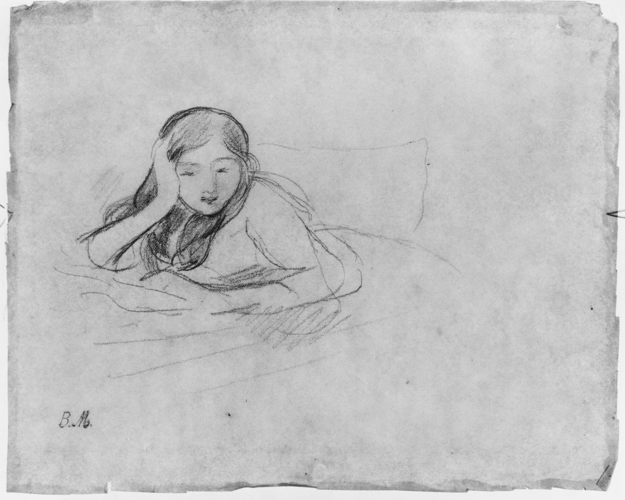 Mladá dívka čtení, 1889 (černé olovo na papíře) od Berthe Morisot