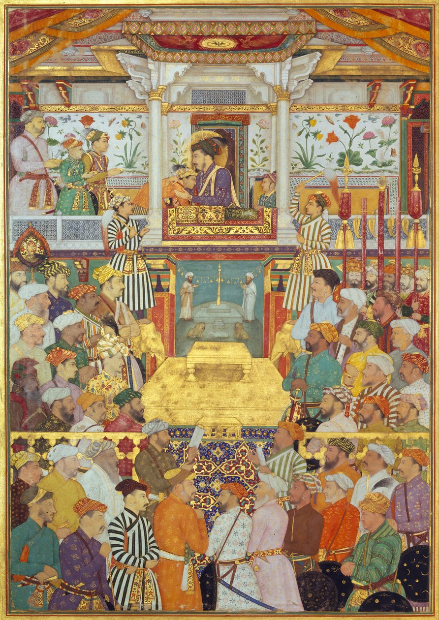 Deska 10 Padshahnama : Šáh-Džahán přijímá své tři nejstarší syny a Asafa Chána během nástupních ceremonií (8. března 1628) od Bichitr