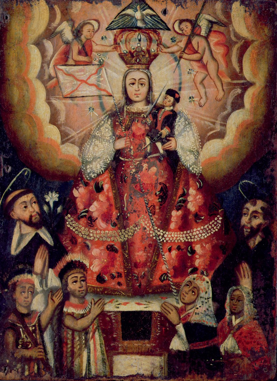 Madonna s Ježíškem, svatý Dominik, svatý František a indiánský ctitelé od Bolivian School