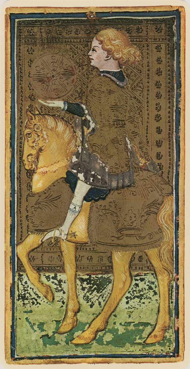 Rytíř mincí, faksimile tarotové karty z balíčku "Visconti", 1441-47 od Bonifacio Bembo