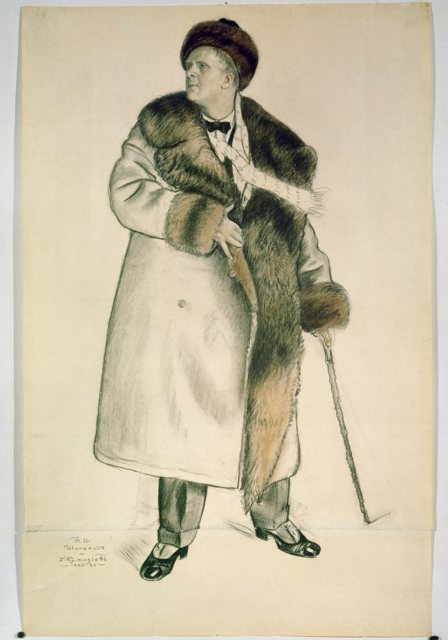 Portrét operního pěvce Feodora Ivanoviče Chaliapina (1873-1938) 1920-21 (uhlí a wc na papíře) od Boris Mikhailovich Kustodiev