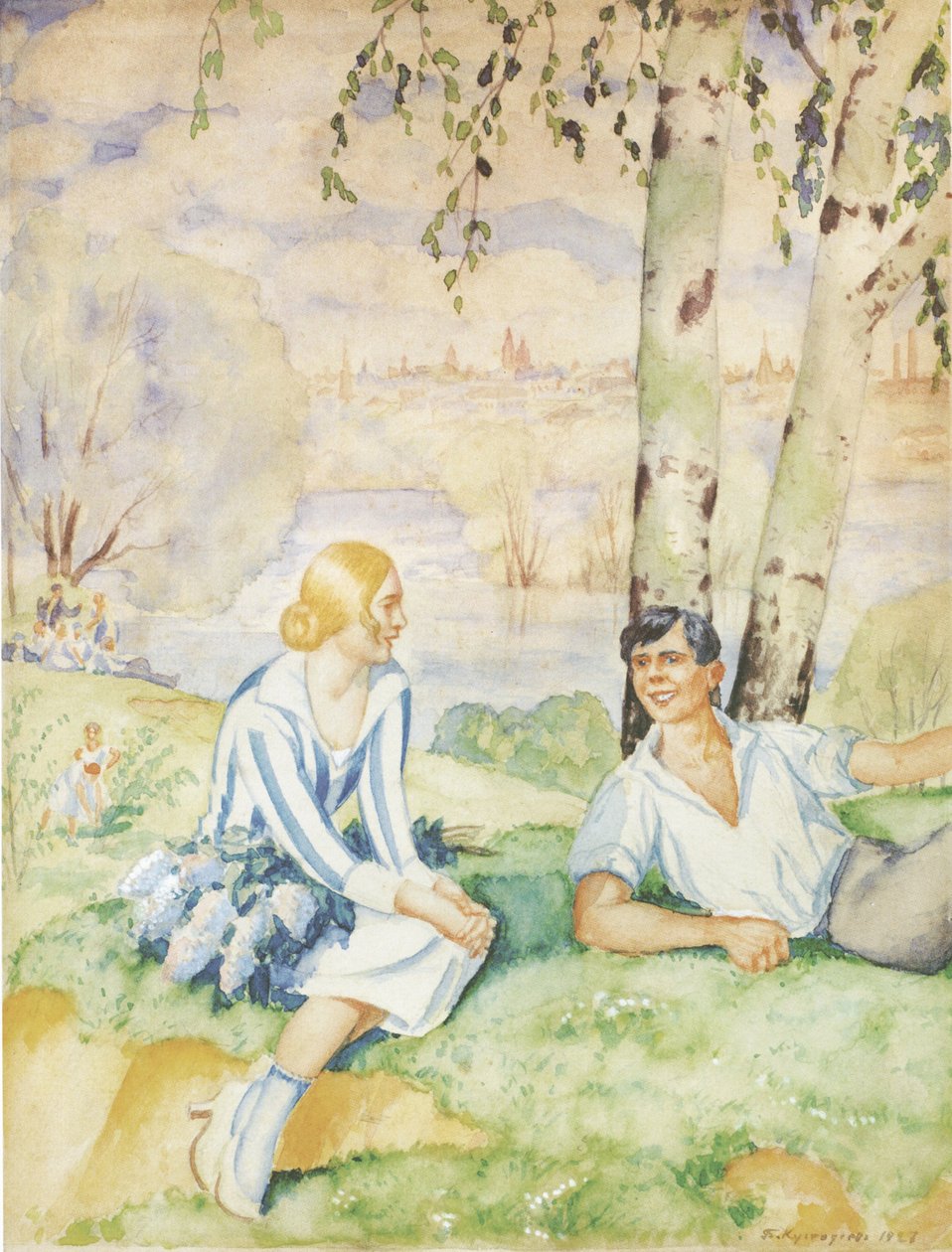 Jaro na břehu řeky, 1927 od Boris Mikhailovich Kustodiev