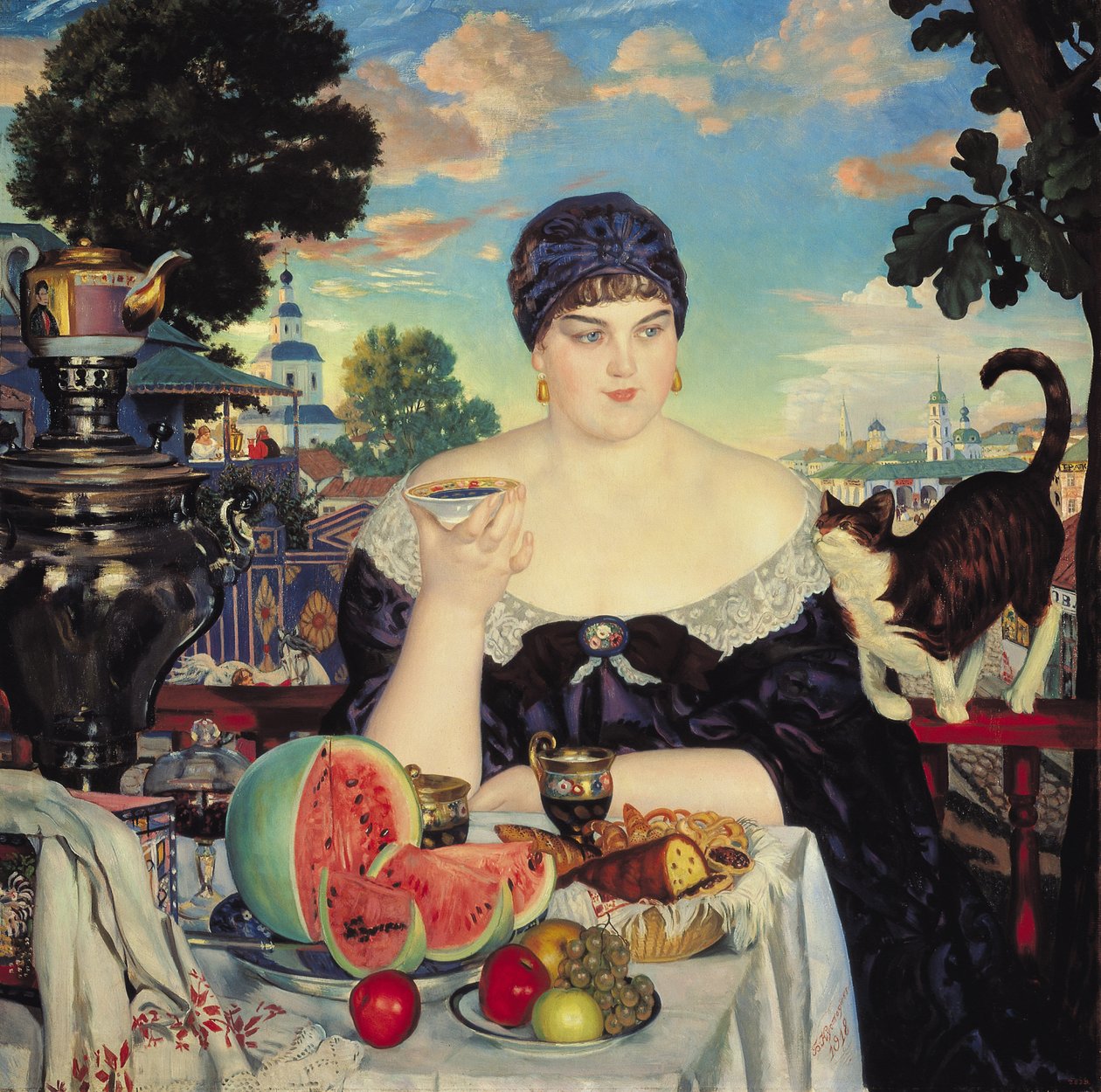 Kupcova žena u čaje od Boris Mikhailovich Kustodiev