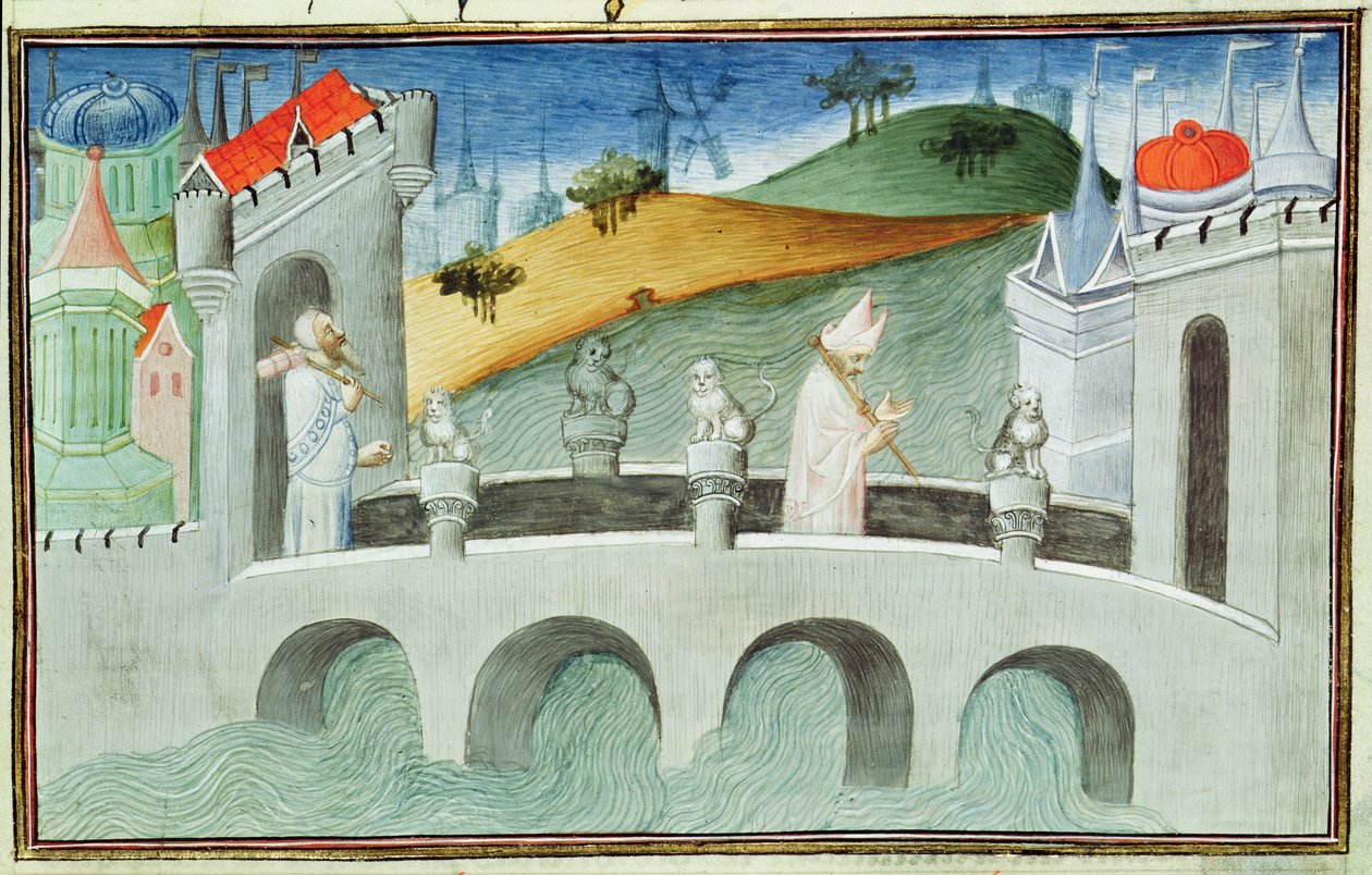 Ms 2810 f.49, Most přes Lou-Keou, provincii poblíž Pekingu, z „Livre des Merveilles du Monde“, c.1410-12 (tempera na pergamenu) od Boucicaut Master