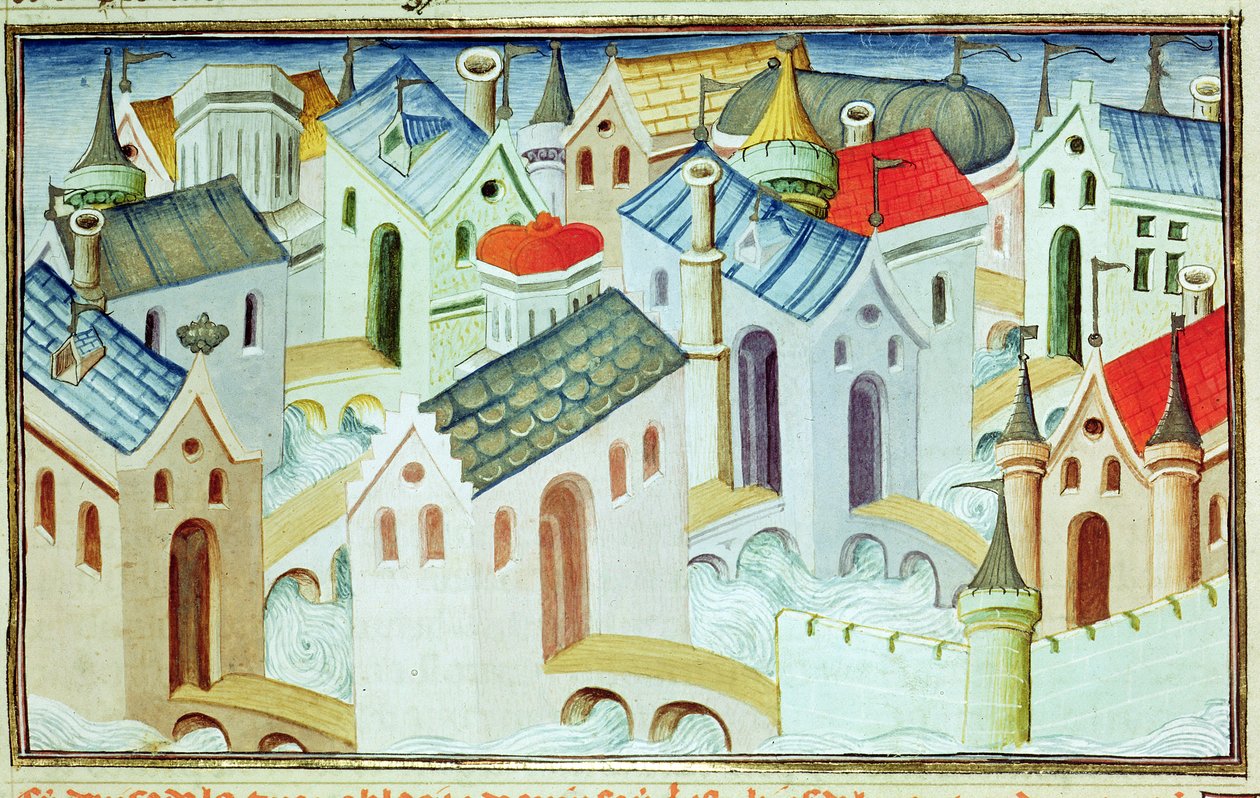 Ms 2810 f.67, město Kinsai, z „Livre des Merveilles du Monde“, c.1410-12 (tempera na pergamenu) od Boucicaut Master