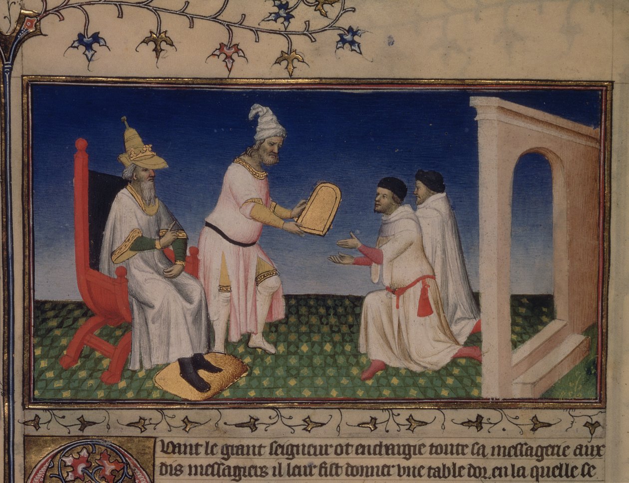 Ms Fr 2810 f.3v, Kublajchán dávat Nicolo a Marco Polo bezpečný průchod do Pekingu, se svou zlatou pečetí na Polos na Cambaluc v roce 1292, od 