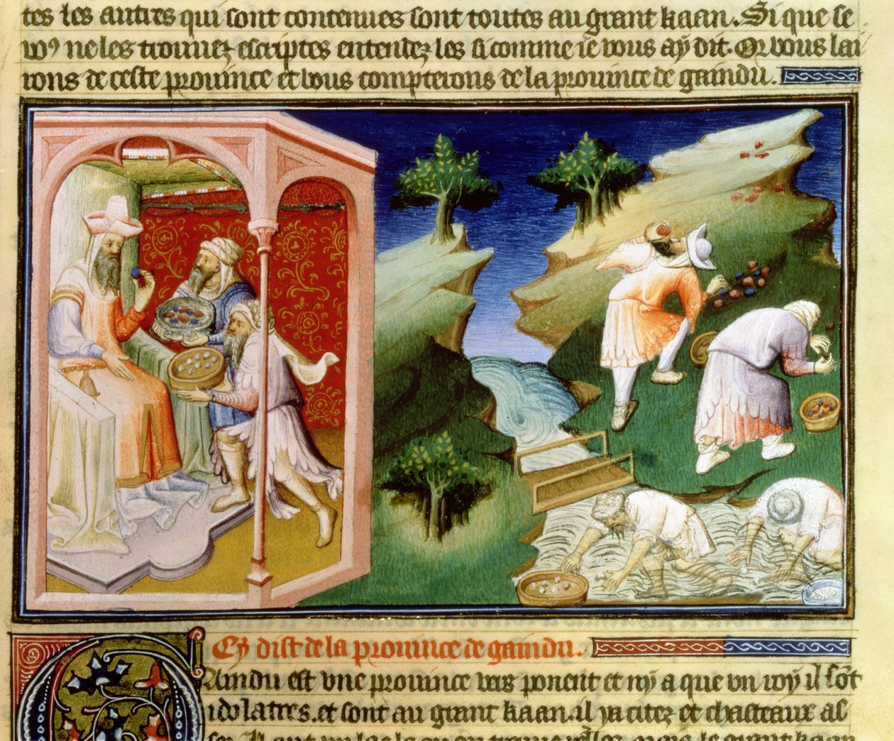 Paní Fr 2810 f.54, Lov perel a sběr tyrkysů v provincii Gaindu, z „Livre des Merveilles du Monde“, kolem 1410-12 (tempera na pergamenu) od Boucicaut Master