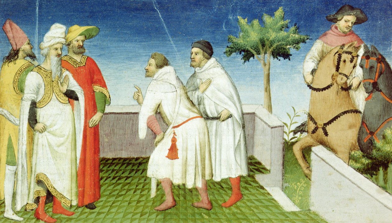 Paní Fr 2810 f.6, Nicolo, Marco a Matteo Polo na odchodu od Velkého chána, Livre des Merveilles du Monde, kolem 1410-12 (tempera na pergamenu) od Boucicaut Master