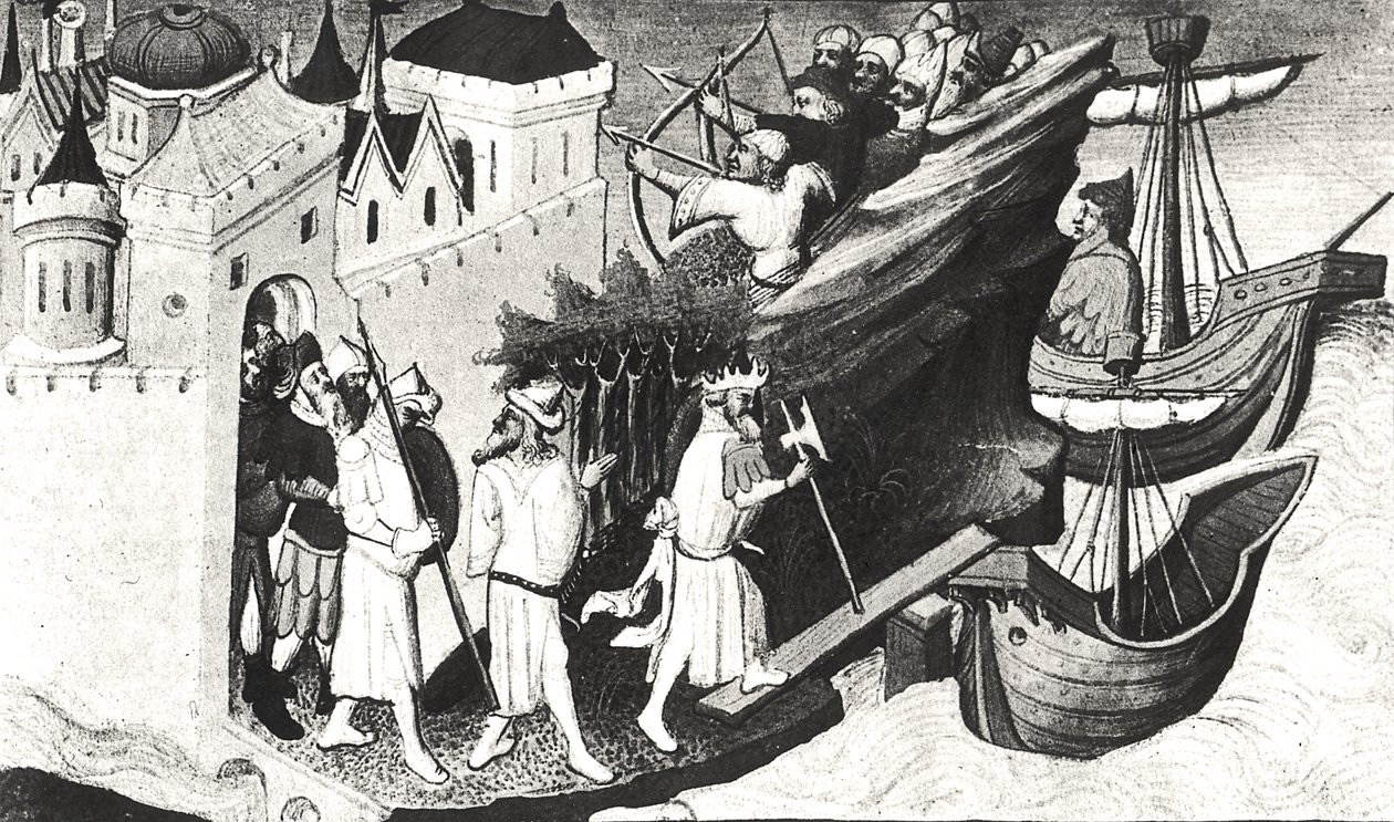 Paní Fr 2810 f.72, Vojáci Velkého Chánů dobyli ostrov Sypangu z Livre des Merveilles du Monde, c.1410-12 (tempera na pergamenu) (viz také 176644) od Boucicaut Master