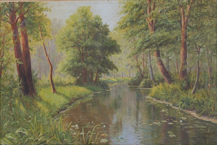 Waldlandschaft mit Flussn od Bruno Moras