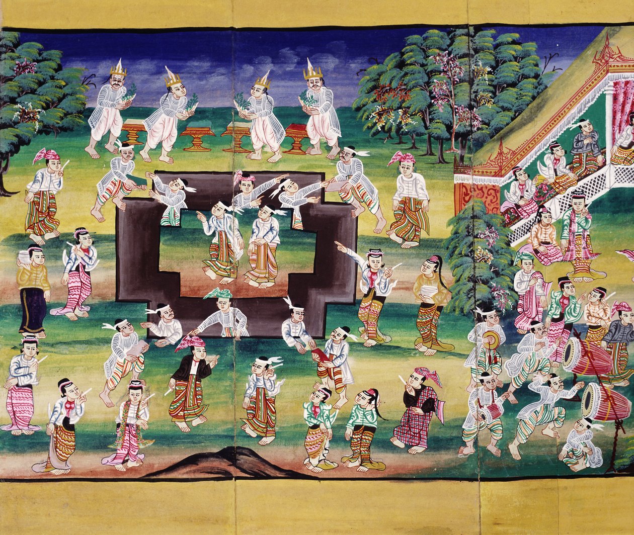 Scéna zhotovení zásluh, stránka z rukopisu od Burmese School