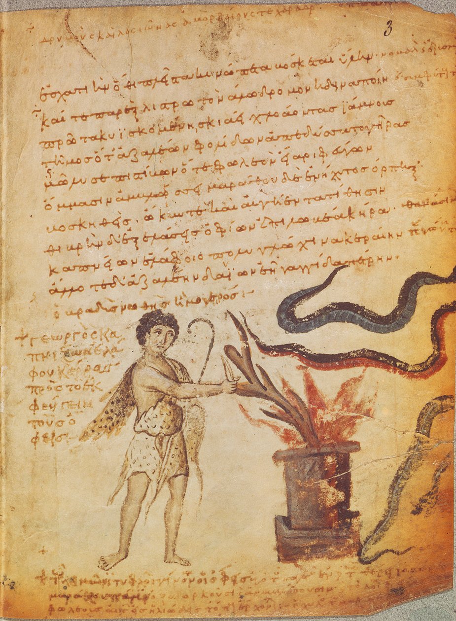 Ms Supp Grec 247 fol.3 Pastevec pálící parohy, aby zahnal hady, z Theriaky Nikandra z Kolofónu (2. stol. př. n. l.). od Byzantine