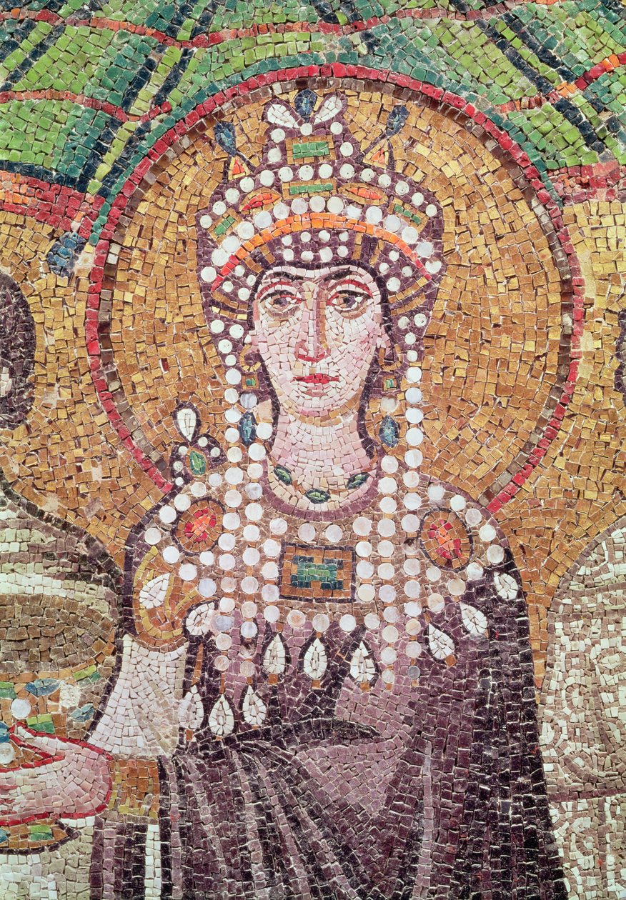 Císařovna Theodora se svým dvorem dvou ministrů a sedmi žen, detail Theodory, kolem roku 547 našeho letopočtu od Byzantine School