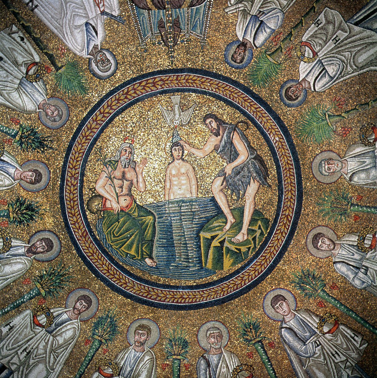 Křest Krista obklopeného dvanácti apoštoly (mozaika) od Byzantine School