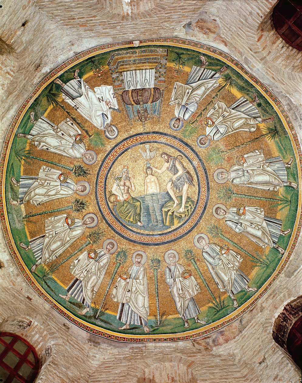 Křest Krista obklopený dvanácti apoštoly nesoucími koruny (mozaika) od Byzantine School