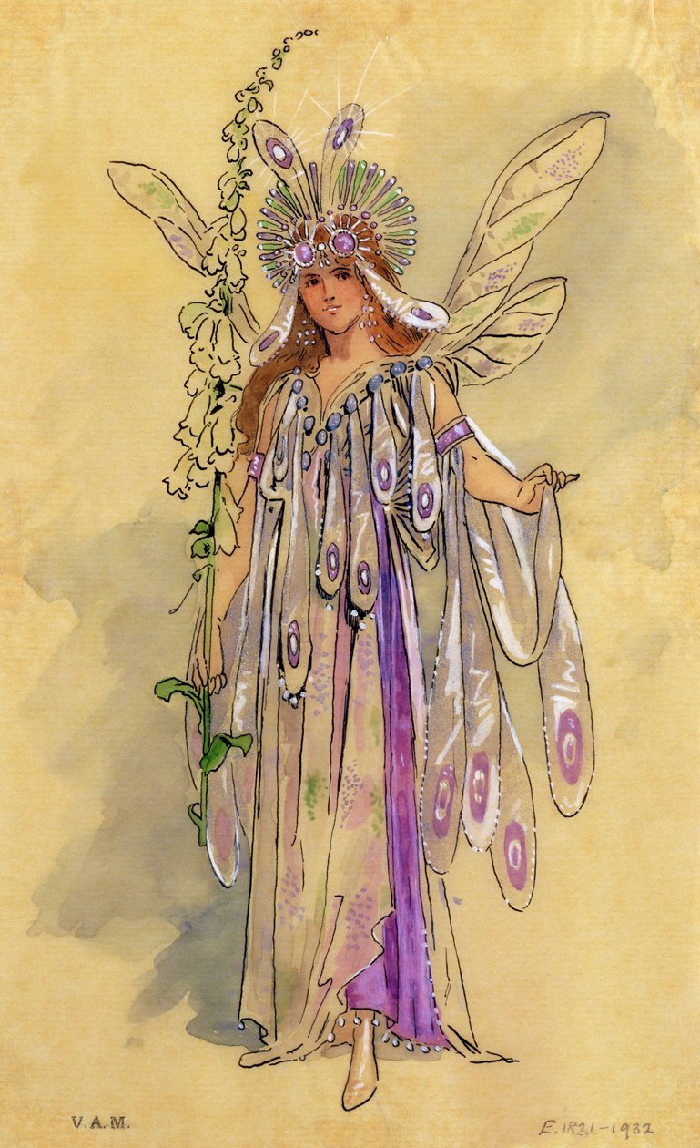 Titania, královna víl. Návrh kostýmů pro Sen noci svatojánské produkoval Robert Courtneidge v Princes Theatre, Manchester od C. Wilhelm