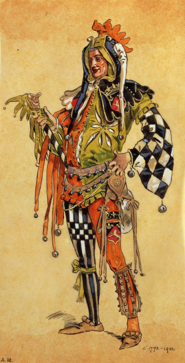 Touchstone the Clown, kostýmní návrh pro hru Jak se vám líbí v produkci R. Courtneidge v Princes Theatre v Manchesteru. od C. Wilhelm